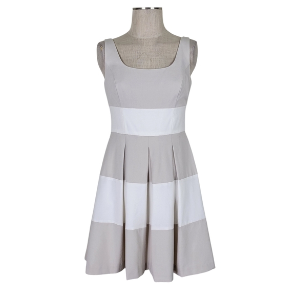 Lauren Ralph Lauren Fit N Flare Dress 6 Taupe Ivory Color Block Pleated Lined - Picture 2 of 9